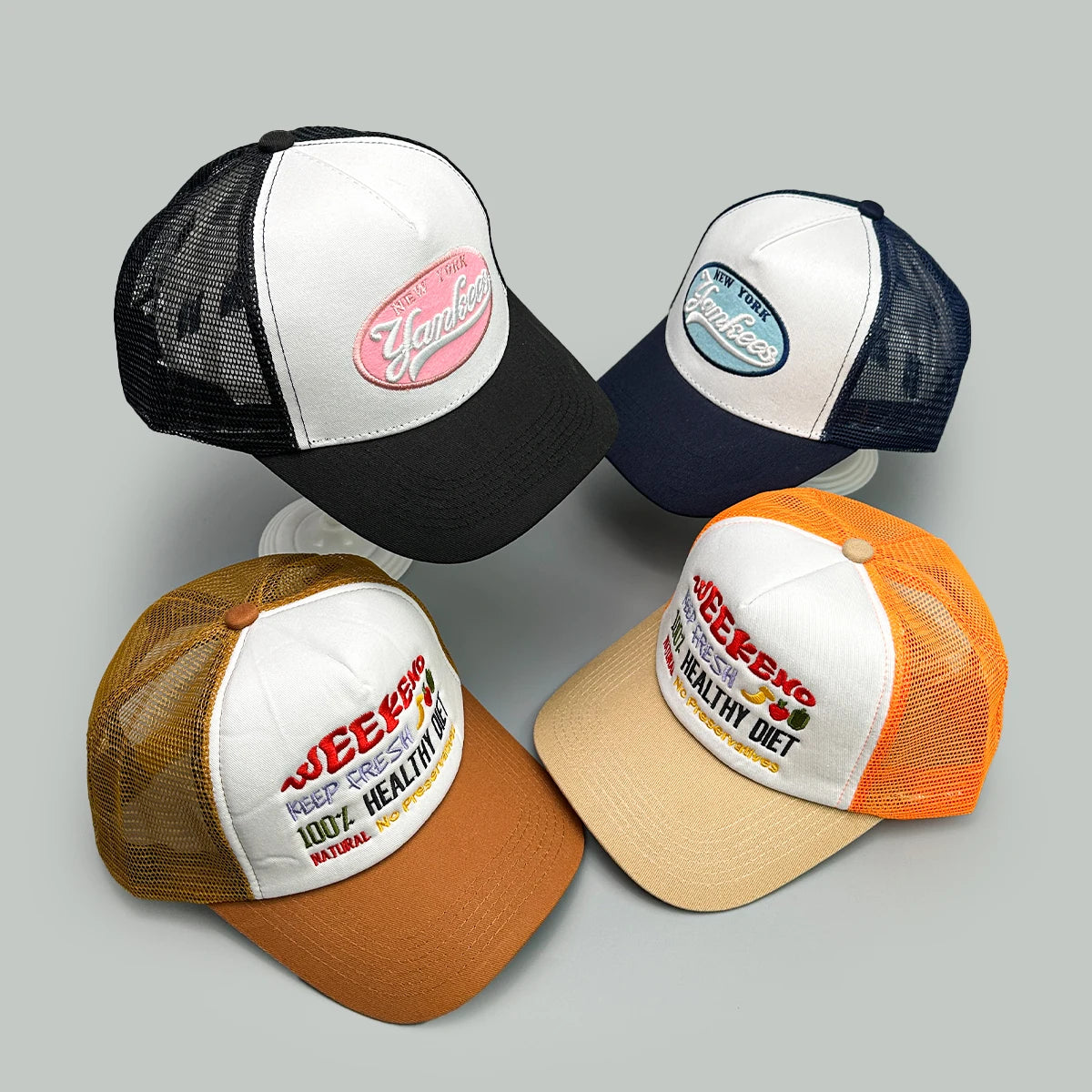 Embroidered Fresh Fruit Letters Baseball Hats New Unisex Color Block Sunshade Casual Breathable Versatile Fashion Trucker Caps Embroidered Fresh Fruit Letters Baseball Hats New Unisex Color Block Sunshade Casual Breathable Versatile Fashion Trucker Caps
